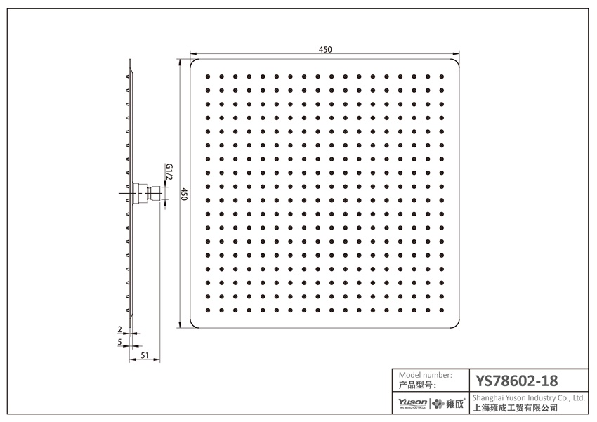 YS78602-18 SUS304 ultravékony 2 mm-es zuhanyfej, esőzuhanyfej;